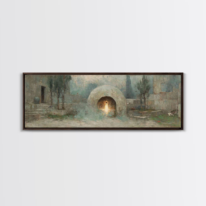 Silent Tombstone Glow, Framed Canvas Print, Panoramic Frame, Christian Art Canvas, Christian Painting, Jesus Wall Art, Christian Christmas