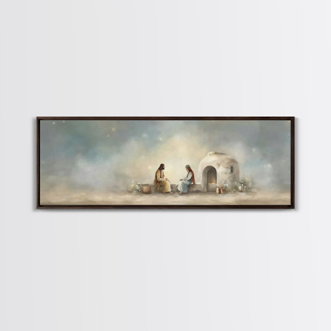Morning At The Well, Framed Canvas Print, Christian Wall Art, Panoramic Art, Jesus Painting, Christian Decor, Christian Art Print