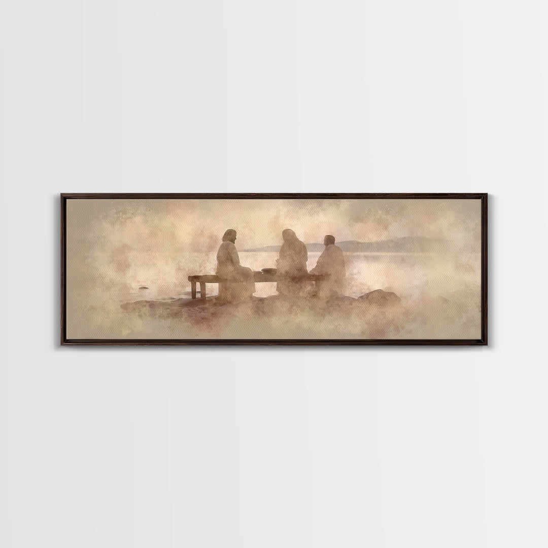 Shoreline Communion, Framed Canvas Print, Christian Wall Art, Christian Art Canvas, Panoramic Art, Jesus Painting, Christian Gift