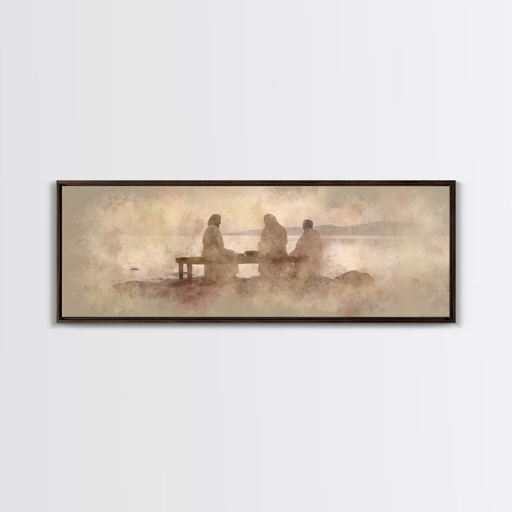 Shoreline Communion, Framed Canvas Print, Christian Wall Art, Christian Art Canvas, Panoramic Art, Jesus Painting, Christian Gift