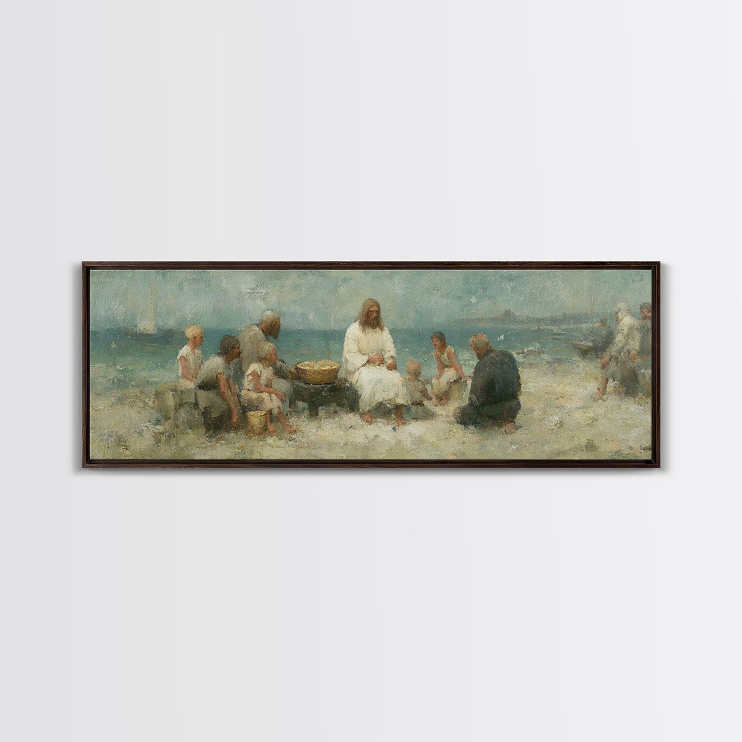Lakeside Bread Sharing, Framed Canvas Print, Christian Art Canvas, Panoramic Wall Art, Christian Decor, Jesus Painting, Christian Wall Art