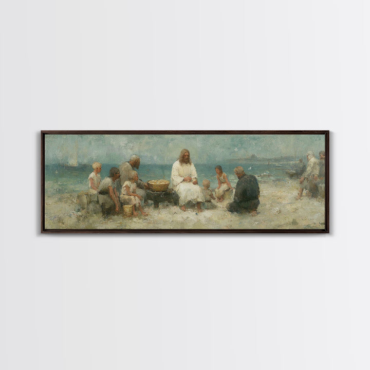 Lakeside Bread Sharing, Framed Canvas Print, Christian Art Canvas, Panoramic Wall Art, Christian Decor, Jesus Painting, Christian Wall Art