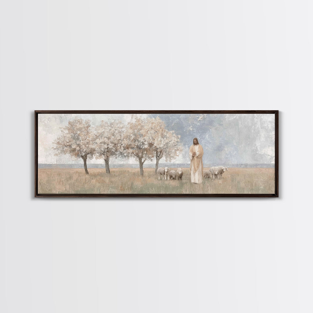 Gentle Meadow Guide | Framed Canvas Print | Christian Art Canvas | Panoramic Frame | Christian Wall Art | Jesus Painting | Christian Gift