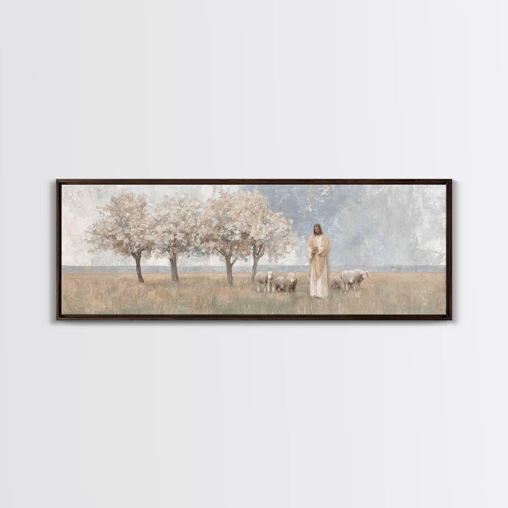 Gentle Meadow Guide | Framed Canvas Print | Christian Art Canvas | Panoramic Frame | Christian Wall Art | Jesus Painting | Christian Gift