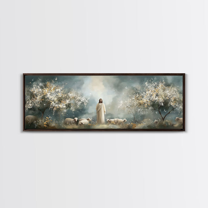 Heavenly Pasture Bloom – Framed Canvas Print – Panoramic Art – Christian Wall Art – Christian Art Canvas – Jesus Painting – Christian Gift