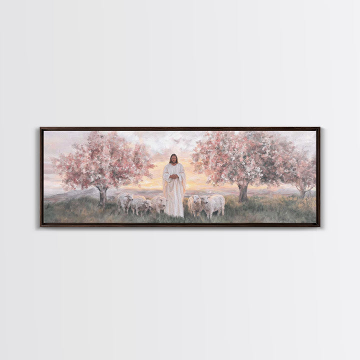 Sunrise Shepherd Calm | Framed Canvas Print | Panoramic Wall Art | Christian Art Canvas | Jesus Painting | Christian Art | Christian Gift