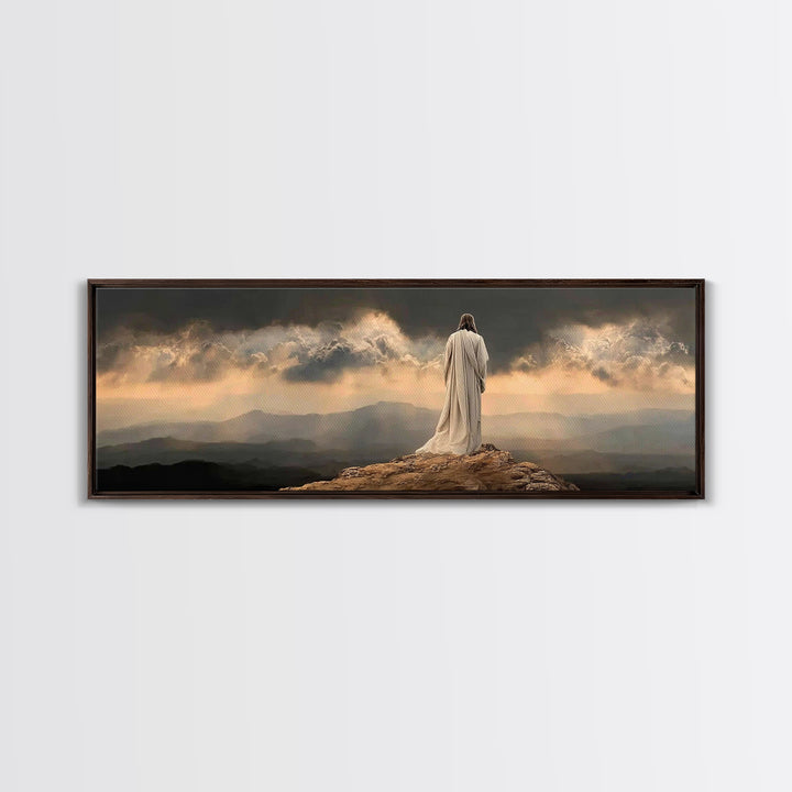 Stormlight Messiah - Framed Canvas Print - Christian Wall Art - Jesus Painting - Panoramic Frame - Christian Art Canvas - Christmas Art Fra