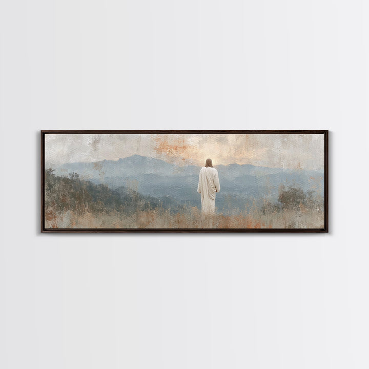 Quiet Mountain Mercy, Framed Canvas Print, Christian Wall Art, Jesus Painting, Panoramic Art, Christian Art Canvas, Christian Christmas Art