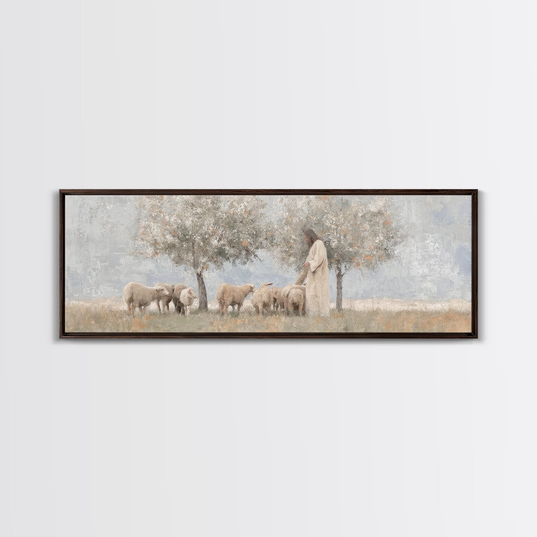 Olive Grove Shepherd, Framed Canvas Print, Panoramic Wall Art, Christian Art Canvas, Jesus Painting, Christian Decor, Christian Art
