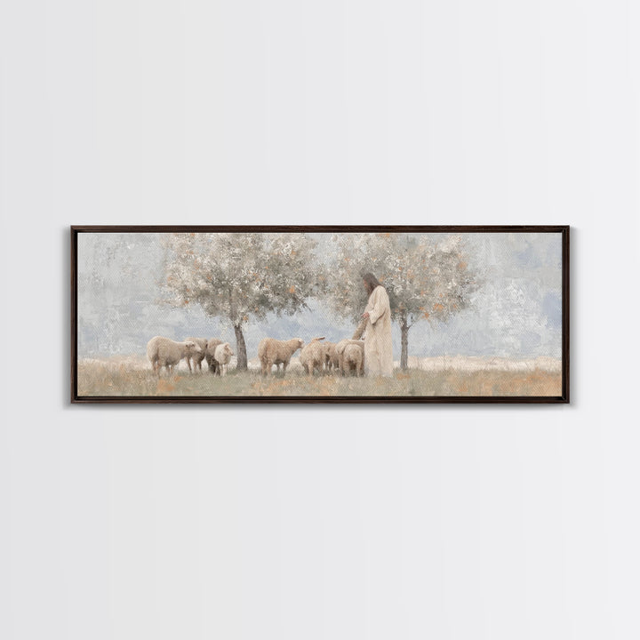 Olive Grove Shepherd, Framed Canvas Print, Panoramic Wall Art, Christian Art Canvas, Jesus Painting, Christian Decor, Christian Art