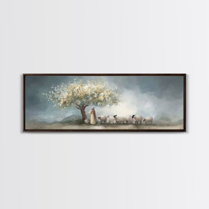 Golden Pasture Calm, Framed Canvas Print, Panoramic Art, Christian Art Print, Jesus Painting Canvas, Christian Christmas Art, Christian Dec