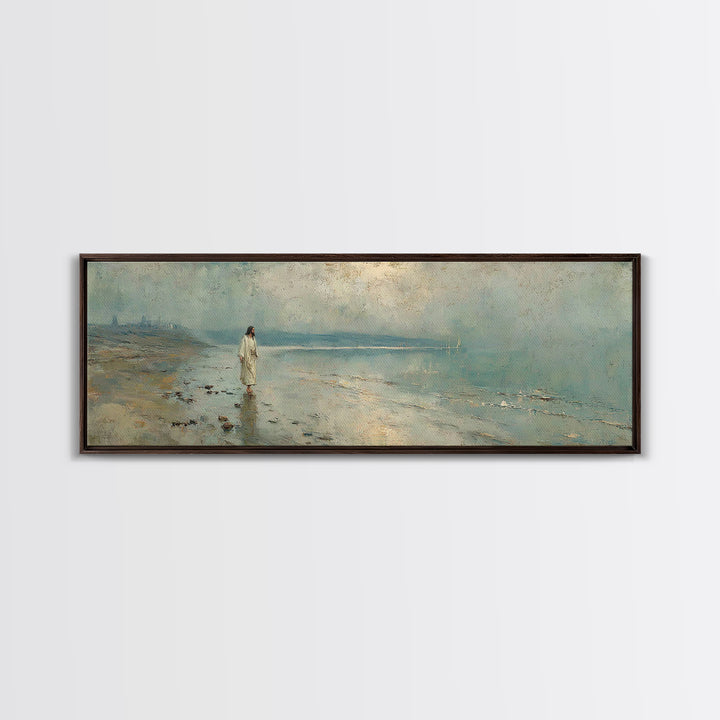Shoreline Of Mercy, Framed Canvas Print, Christian Wall Art, Jesus Painting, Panoramic Wall Art, Christian Art Canvas, Christmas Art