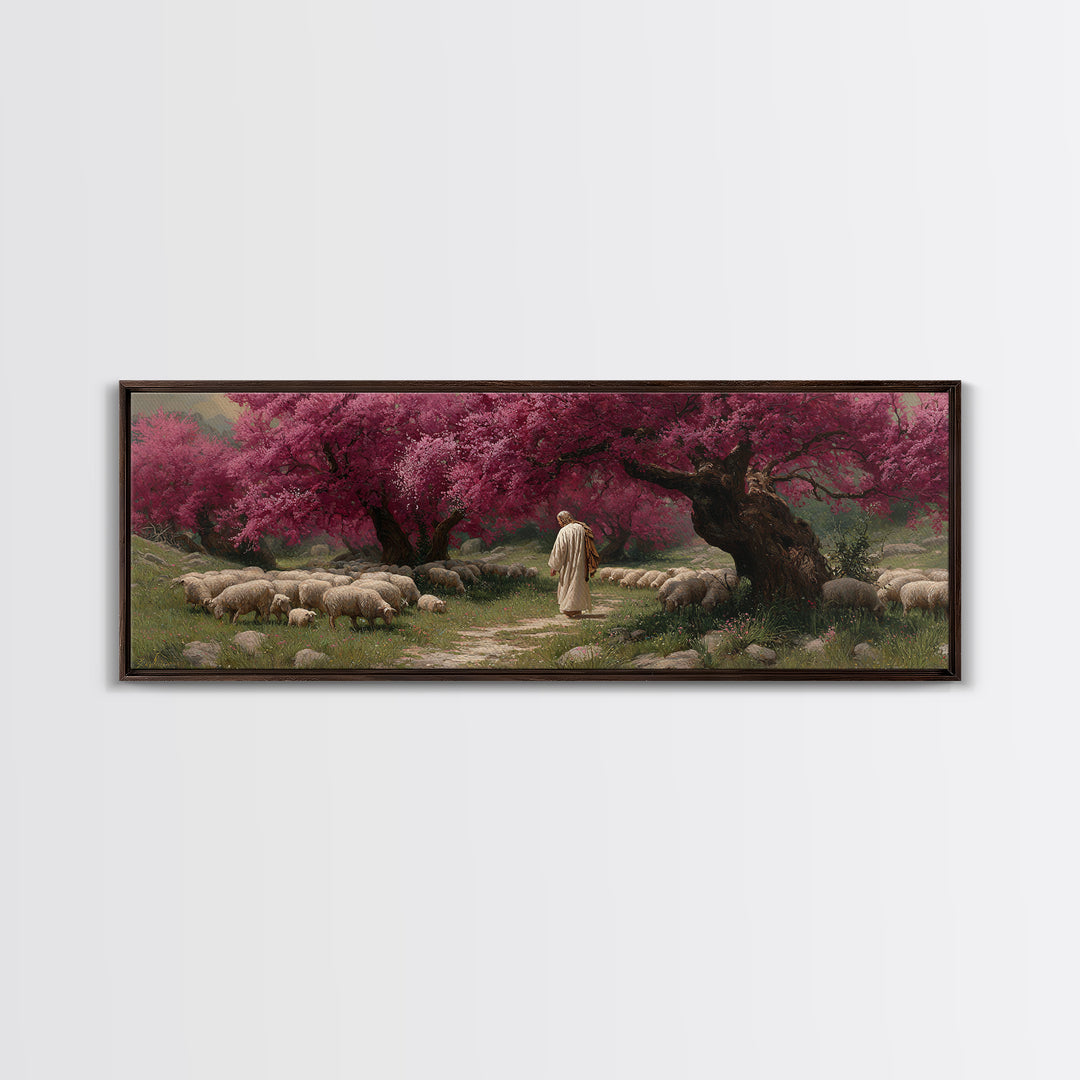 Crimson Shepherd Path – Framed Canvas Print – Panoramic Frame – Jesus Painting – Christian Art Canvas – Christian Wall Art – Christmas Art