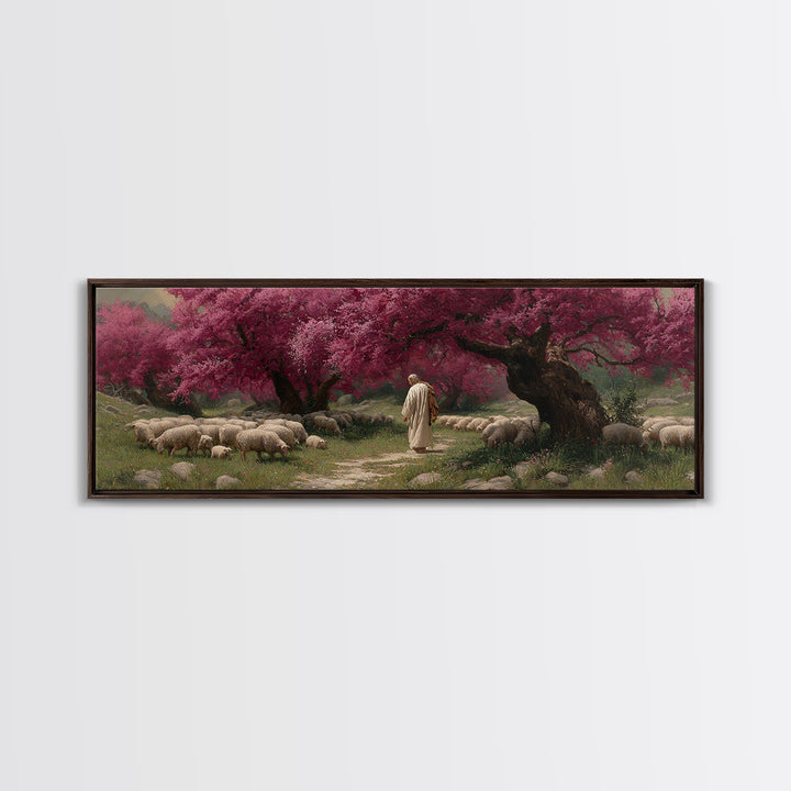 Crimson Shepherd Path – Framed Canvas Print – Panoramic Frame – Jesus Painting – Christian Art Canvas – Christian Wall Art – Christmas Art