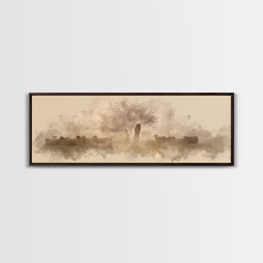 Shepherd’s Quiet Bloom, Framed Canvas Print, Panoramic Print, Christian Wall Art, Jesus Painting, Christian Art Canvas, Christmas Art