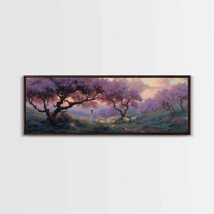Lavender Hill Shepherd – Framed Canvas Print – Panoramic Painting – Christian Art Canvas – Jesus Painting – Christian Wall Art – Christmas