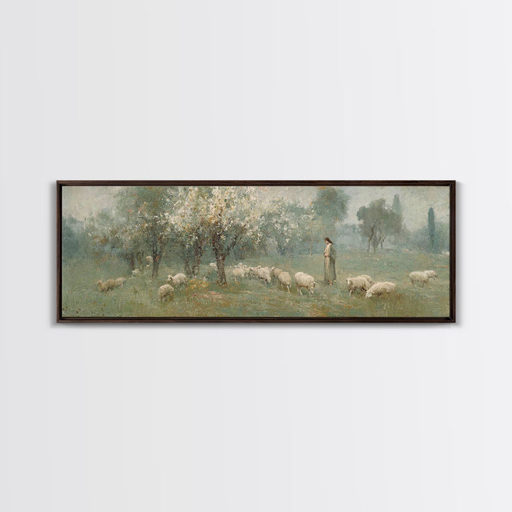 Shepherd’s Meadow Peace – Framed Canvas Print – Panoramic Art – Christian Art Canvas – Jesus Painting – Christian Wall Art – Christmas Art