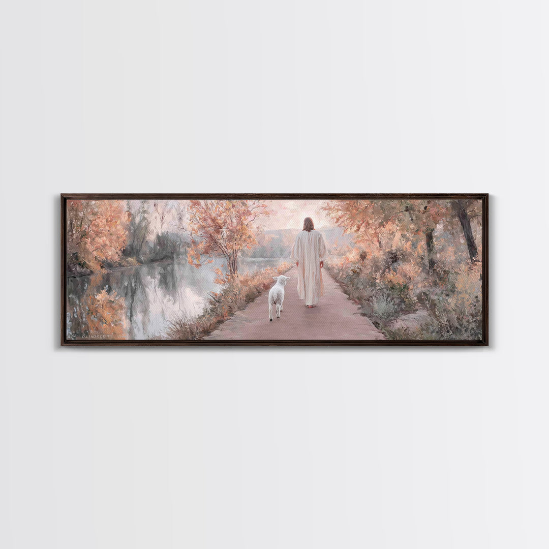 Autumn Path Mercy | Framed Canvas Print | Christian Art Print | Jesus Painting | Panoramic Painting | Christian Christmas Art | Christian D
