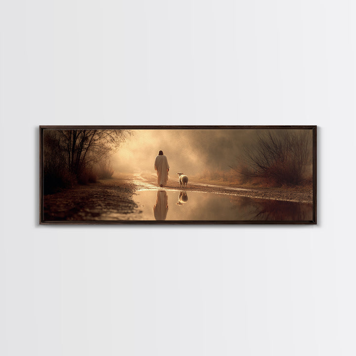 Golden Hour Shepherd, Framed Canvas Print, Christian Art Canvas, Panoramic Wall Art, Jesus Painting, Christian Christmas Art, Christian Gif