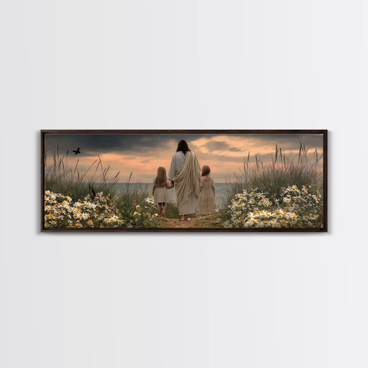 Daisies Of Peace | Framed Canvas Print | Panoramic Frame | Christian Art Canvas | Jesus Painting | Christian Wall Art | Christian Art Print