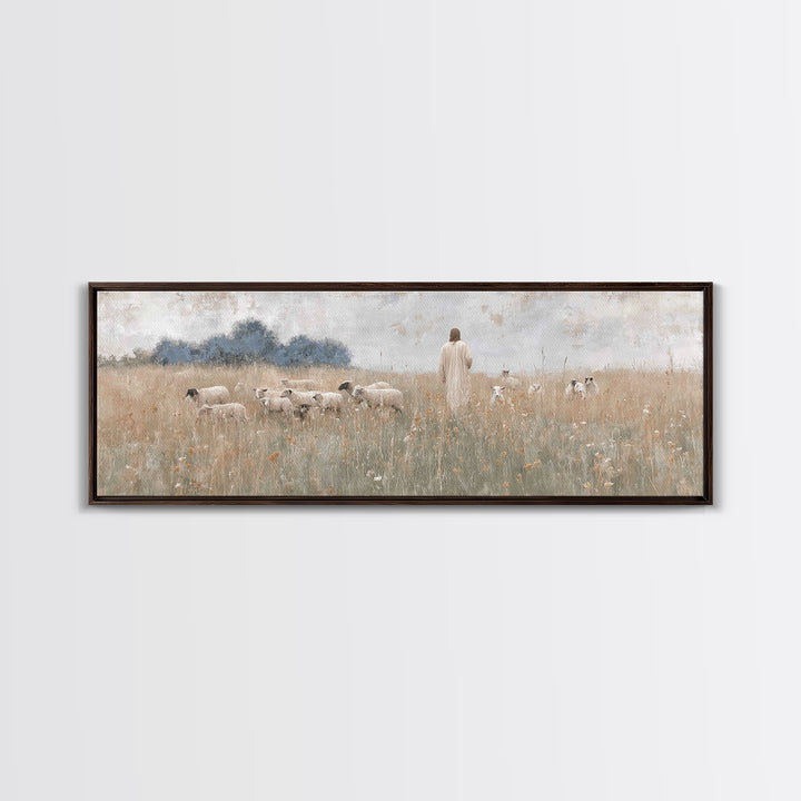 Shepherd’s Gathering, Framed Canvas Print, Panoramic Print, Christian Art Canvas, Jesus Painting, Christmas Art Prints, Large Christian Art