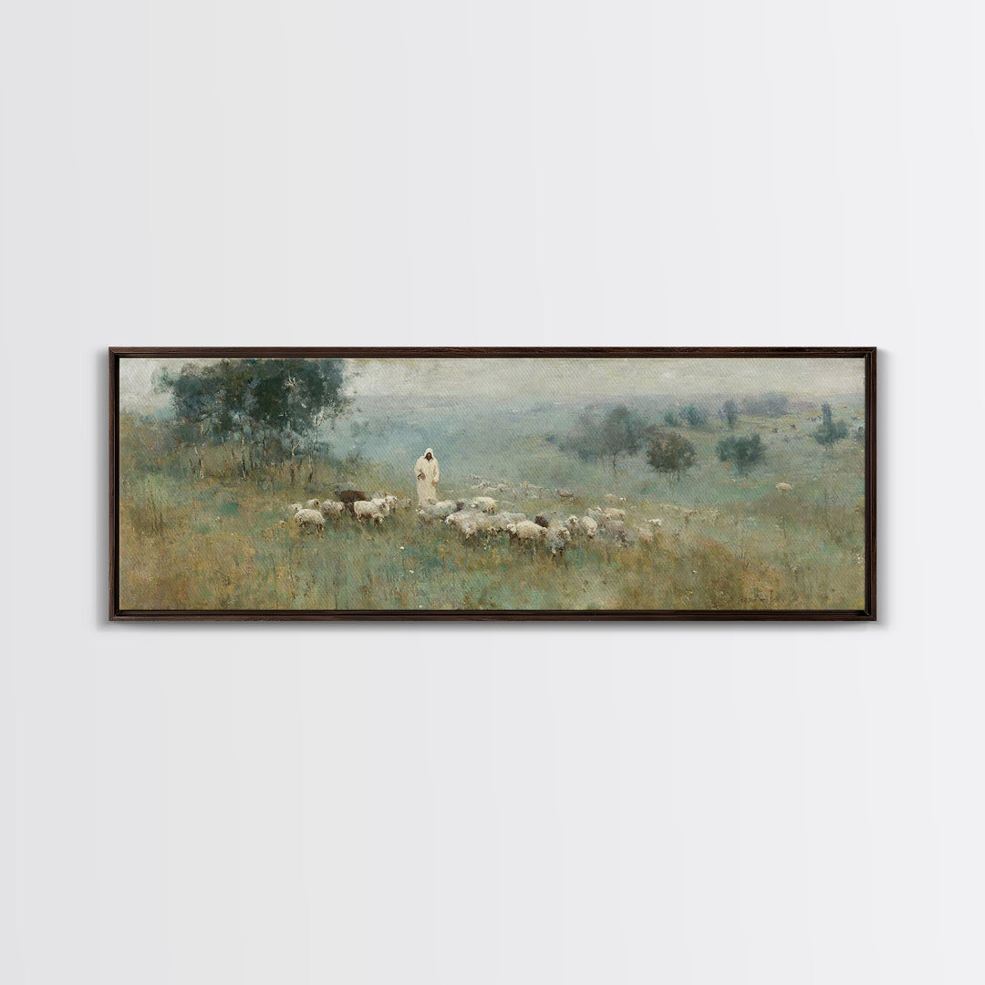 Pasture Of Grace | Framed Canvas Print | Panoramic Frame | Christian Art Canvas | Jesus Painting | Christian Christmas Art | Modern Christi
