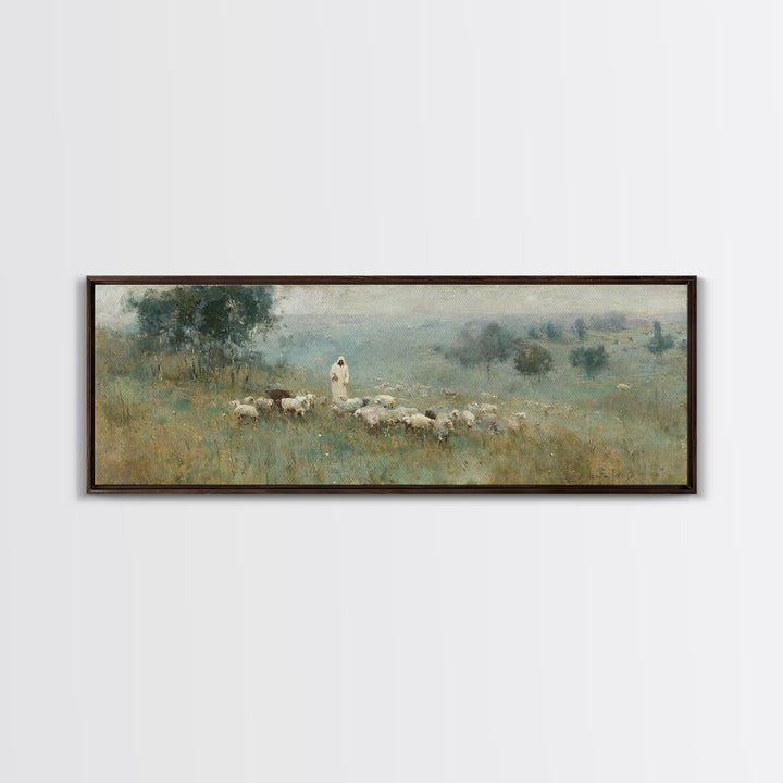 Pasture Of Grace | Framed Canvas Print | Panoramic Frame | Christian Art Canvas | Jesus Painting | Christian Christmas Art | Modern Christi