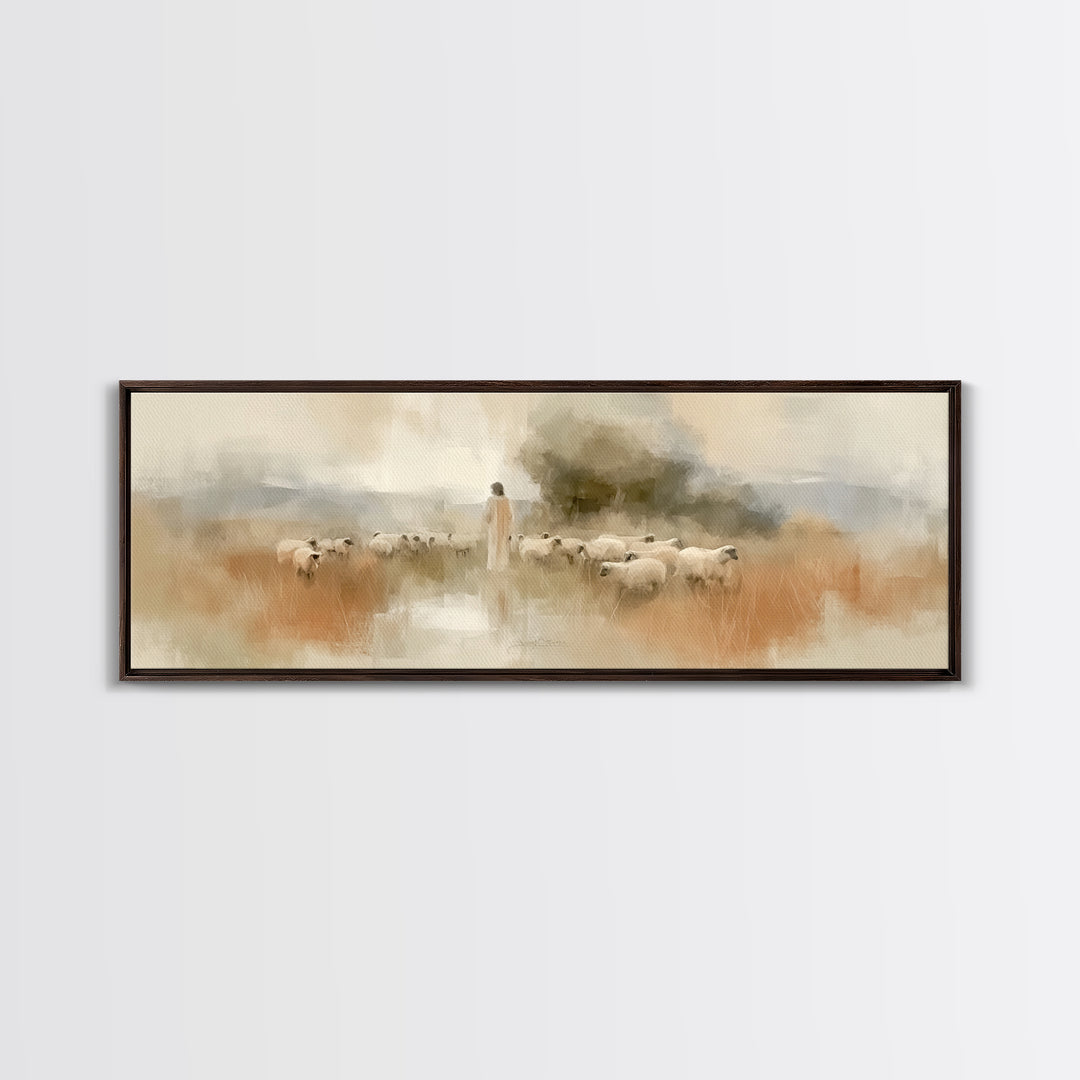Eternal Shepherd Calm, Framed Canvas Print, Panoramic Print, Christian Art Print, Jesus Painting Canvas, Christian Christmas Art, Large Chr