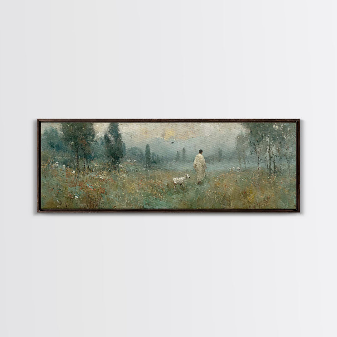 Misty Pasture Calm, Framed Canvas Print, Panoramic Art, Christian Wall Art, Jesus Painting, Christian Art Canvas