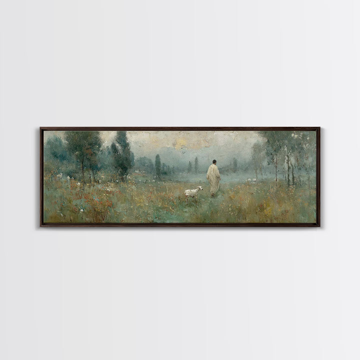 Misty Pasture Calm, Framed Canvas Print, Panoramic Art, Christian Wall Art, Jesus Painting, Christian Art Canvas
