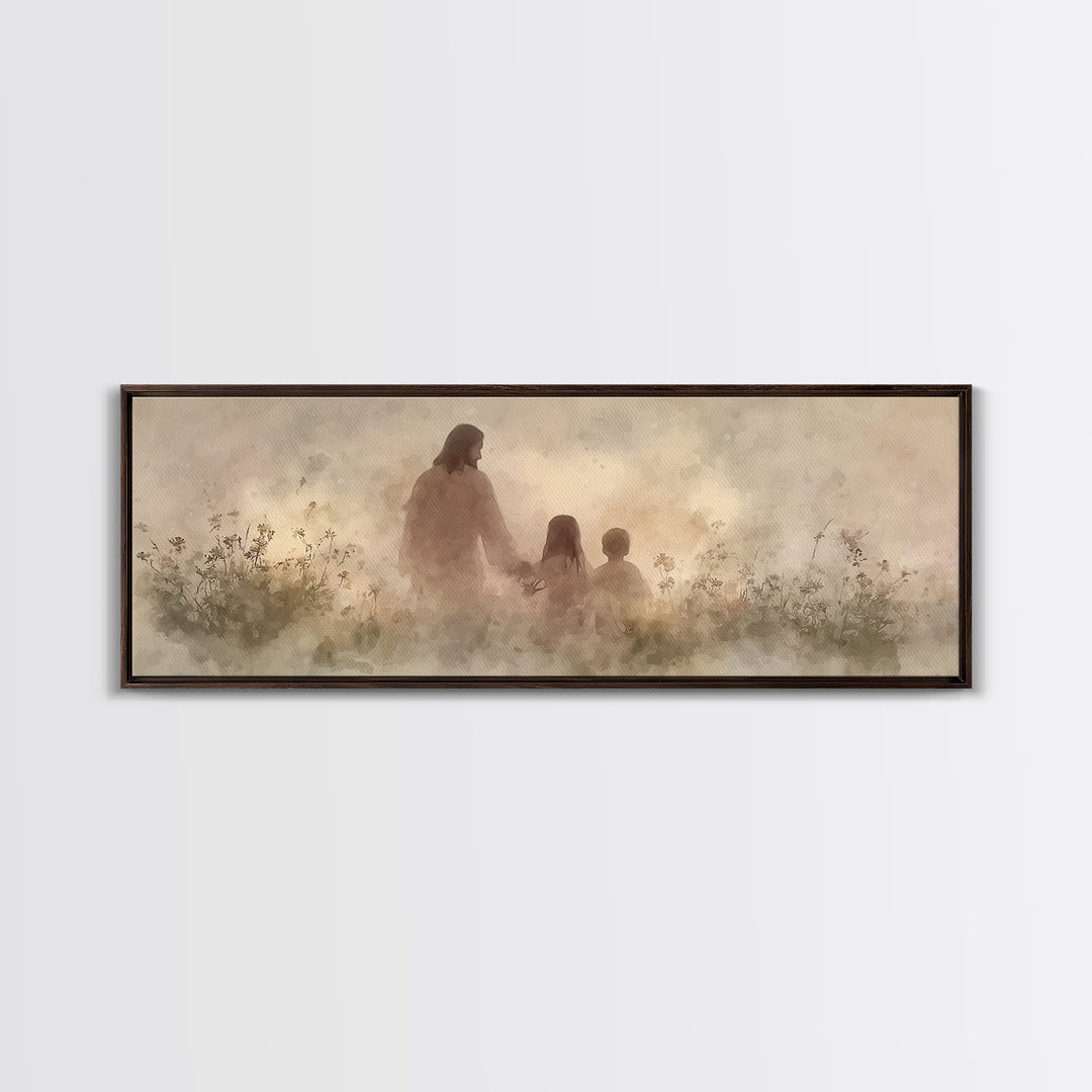 Heaven’s Meadow Walk | Framed Canvas Print | Christian Art Canvas | Panoramic Wall Art | Jesus Painting | Christian Wall Art