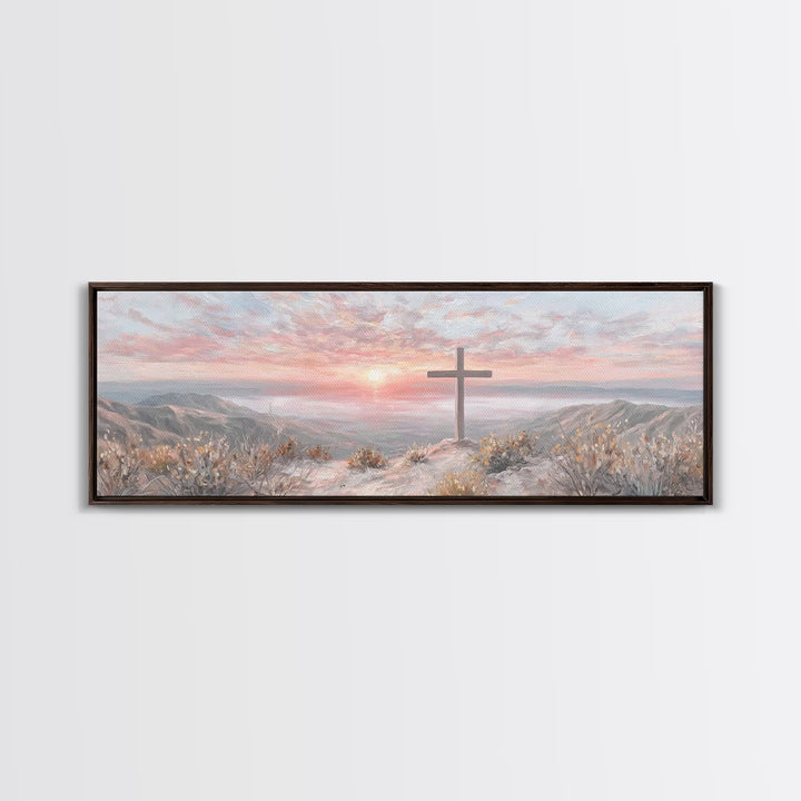 Sunrise At Calvary – Framed Canvas Print – Panoramic Painting – Christian Art Canvas – Christian Wall Art – Christian Gift Ideas – Modern C