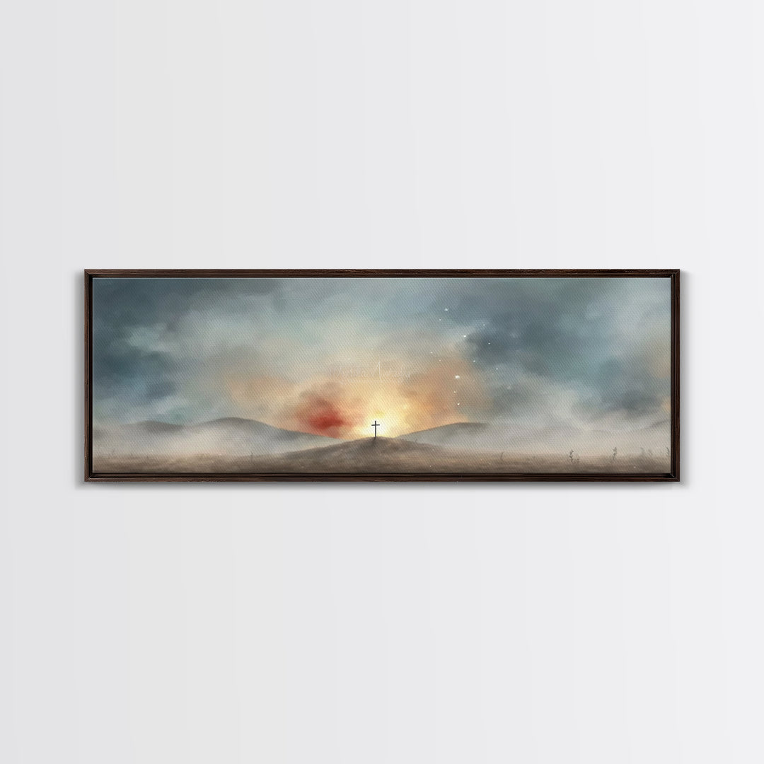Risen Light Promise, Framed Canvas Print, Panoramic Art, Christian Wall Art, Christian Art Canvas, Blue Christian Art, Christian Art Work,