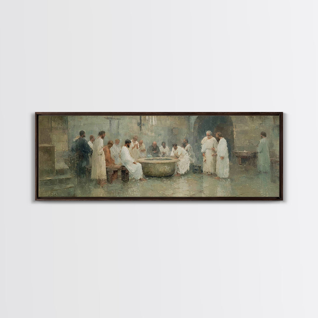 Service of Love, Framed Canvas Print, Panoramic Wall Art, Christian Art Canvas, Jesus Painting, Christian Christmas Art, Christian Decor, C