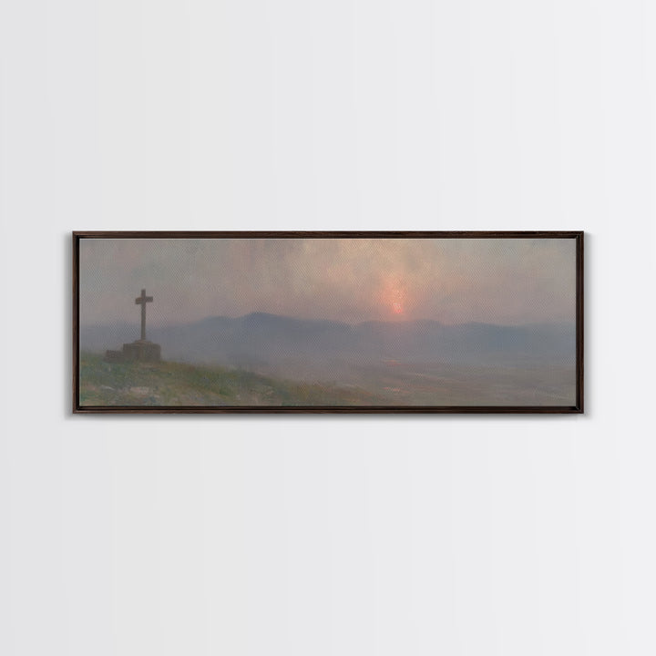 Cross Of Stillness | Framed Canvas Print | Panoramic Wall Art | Christian Art Print | Christian Painting | Moody Christian Art | Christian