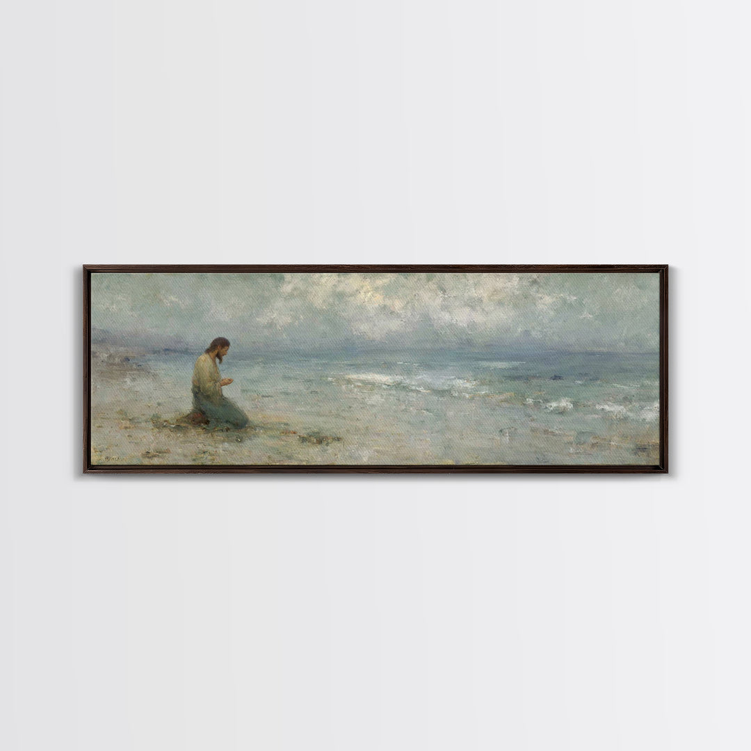 Gentle Shore Grace - Framed Canvas Print - Panoramic Frame - Christian Art Canvas - Jesus Painting - Christian Wall Art - Christmas Art