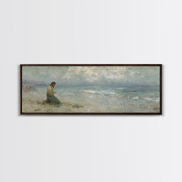 Gentle Shore Grace - Framed Canvas Print - Panoramic Frame - Christian Art Canvas - Jesus Painting - Christian Wall Art - Christmas Art