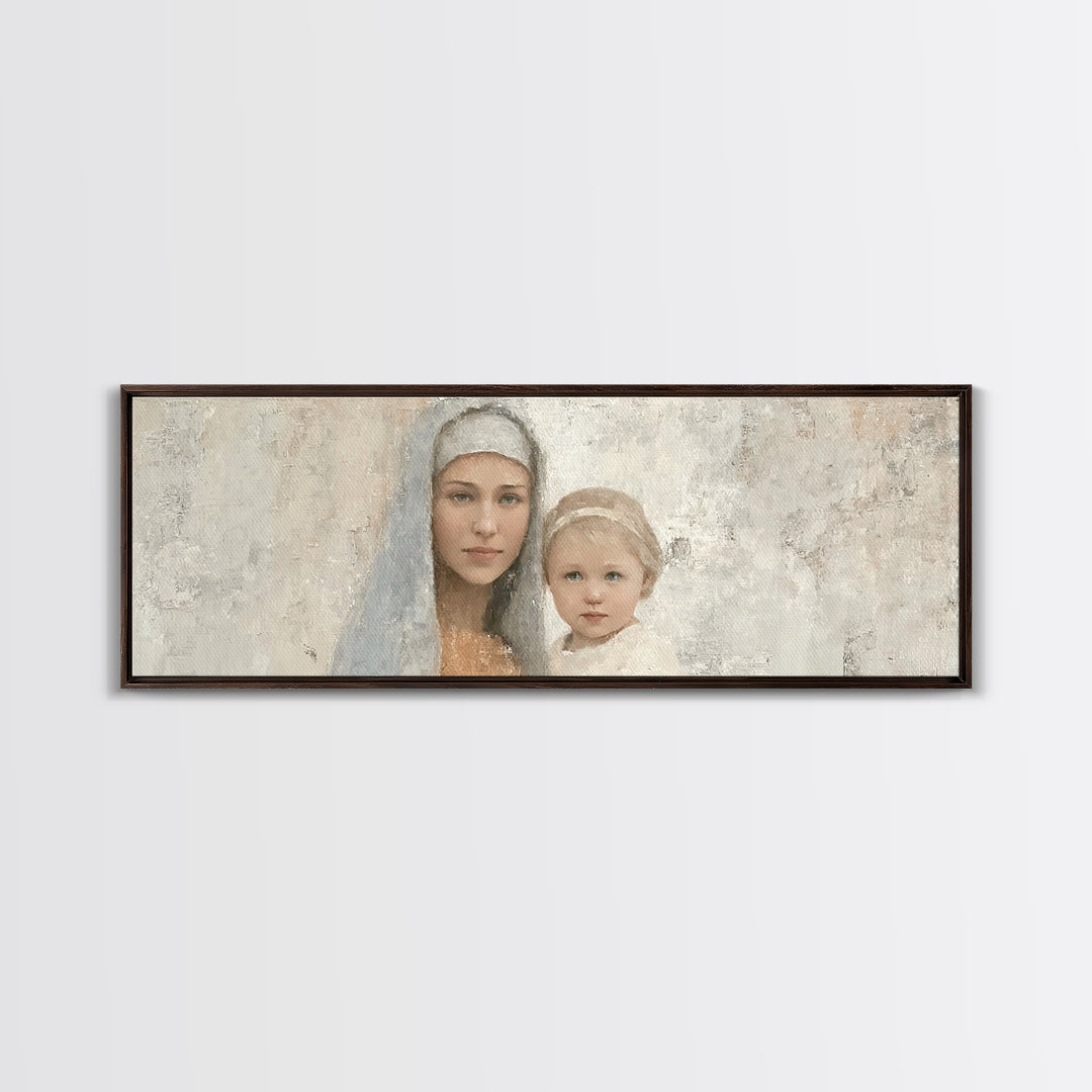 Sacred Tenderness - Framed Canvas Print - Panoramic Wall Art - Mary And Jesus Painting - Christian Art Canvas - Christian Wall Art - Christ