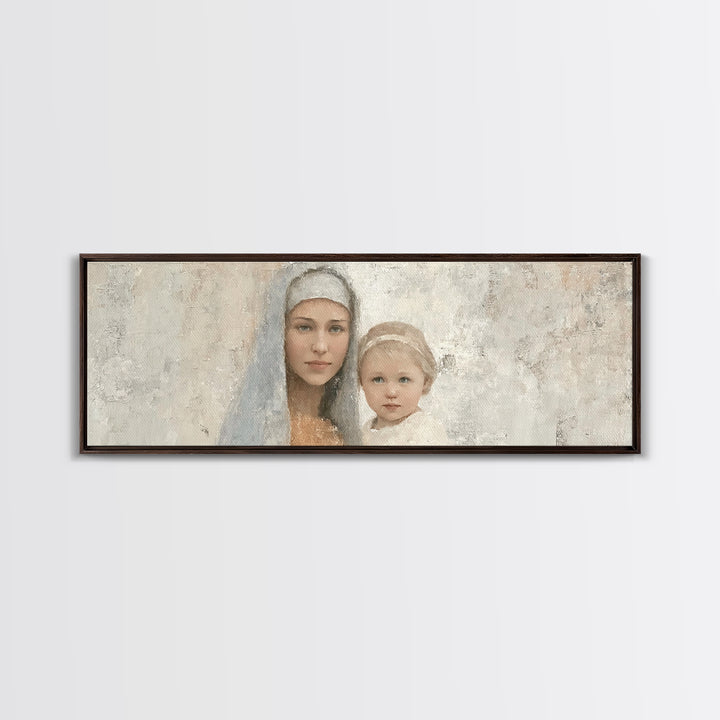 Sacred Tenderness - Framed Canvas Print - Panoramic Wall Art - Mary And Jesus Painting - Christian Art Canvas - Christian Wall Art - Christ
