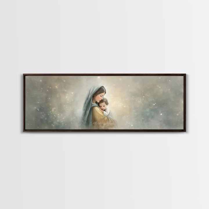 Starborn Grace Light, Framed Canvas Print, Panoramic Art, Christian Wall Art, Mary And Jesus Painting, Christian Art Canvas, Christmas Art