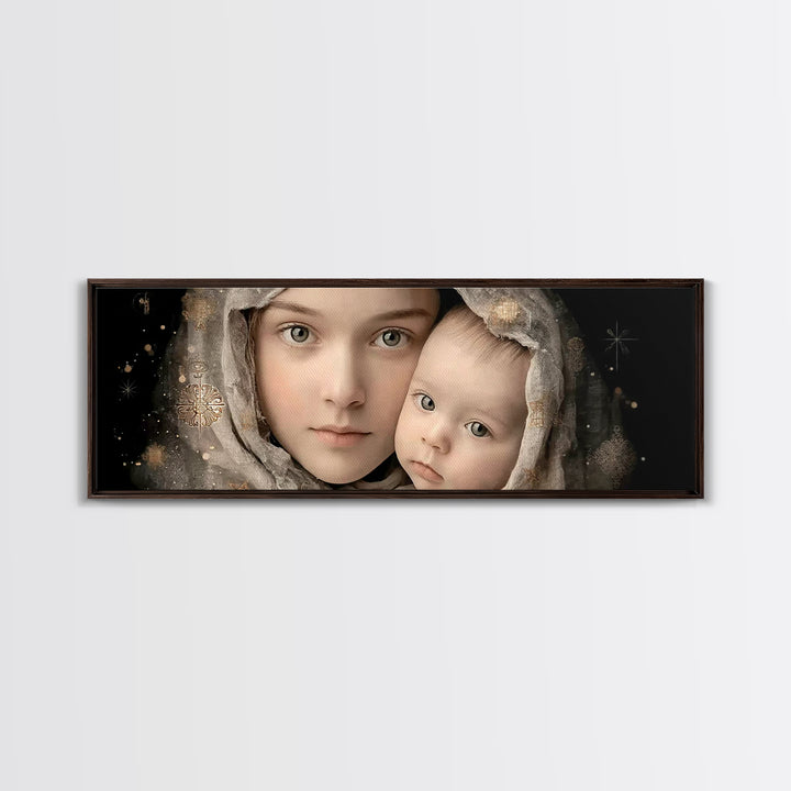 Gentle Heaven’s Hold - Framed Canvas Print - Panoramic Frame - Christian Art Canvas - Mary And Jesus Painting - Christian Wall Art - Christ