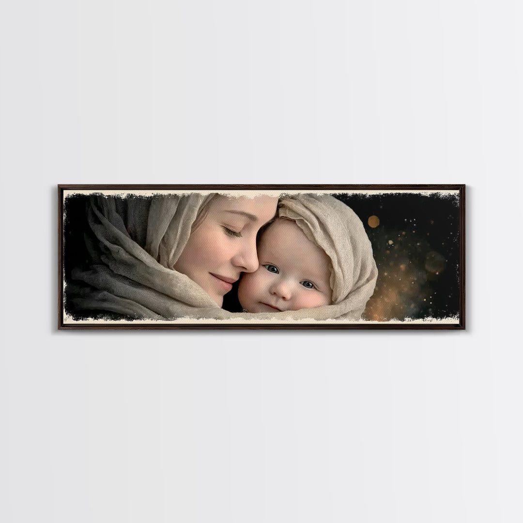 Timeless Sacred Gaze | Framed Canvas Print | Panoramic Painting | Mary And Jesus Painting | Christian Art Canvas | Christian Christmas Art