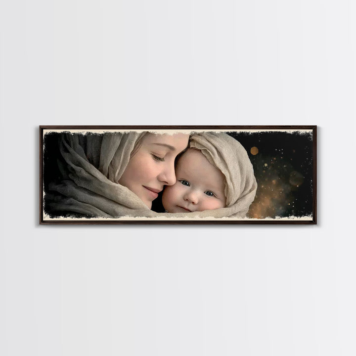 Timeless Sacred Gaze | Framed Canvas Print | Panoramic Painting | Mary And Jesus Painting | Christian Art Canvas | Christian Christmas Art