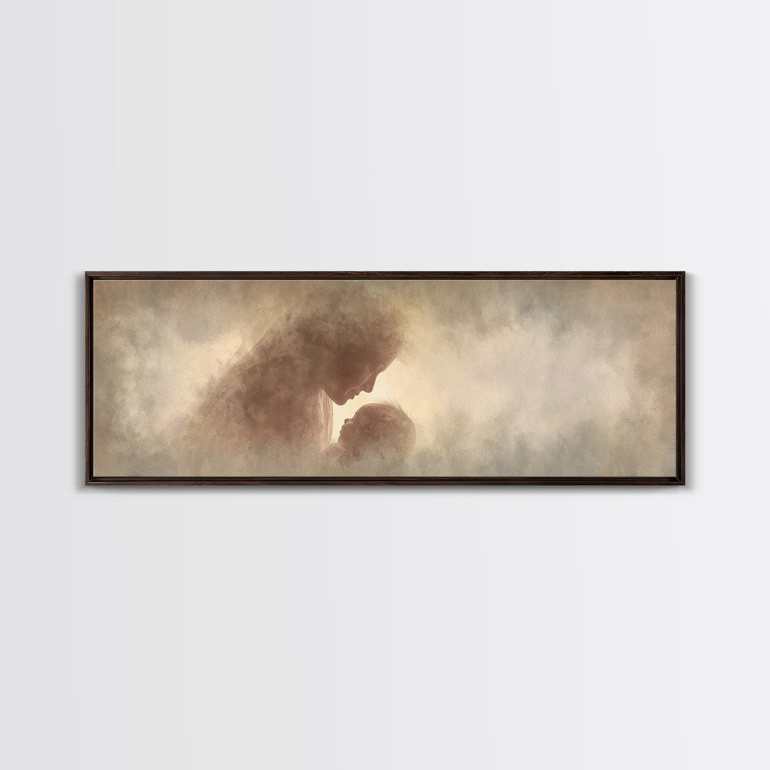 Celestial Motherhood Glow | Framed Canvas Print | Panoramic Art | Christian Art Canvas | Mary And Jesus Painting | Christian Wall Art | Chr