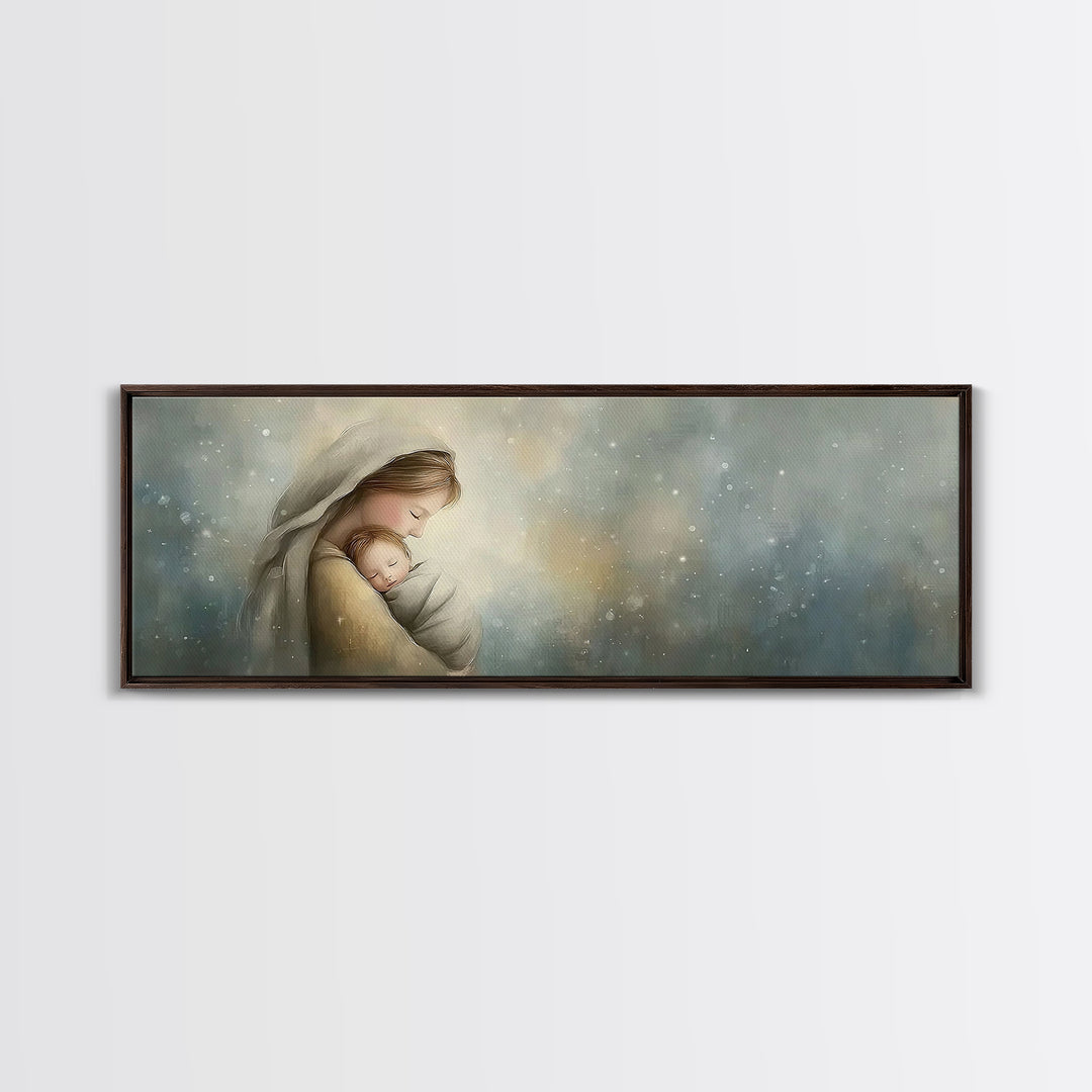 Blessed Winter Warmth, Framed Canvas Print, Panoramic Painting, Christian Art Canvas, Mary And Jesus Painting, Christian Wall Art, Christma