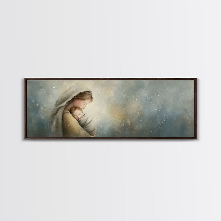 Blessed Winter Warmth, Framed Canvas Print, Panoramic Painting, Christian Art Canvas, Mary And Jesus Painting, Christian Wall Art, Christma