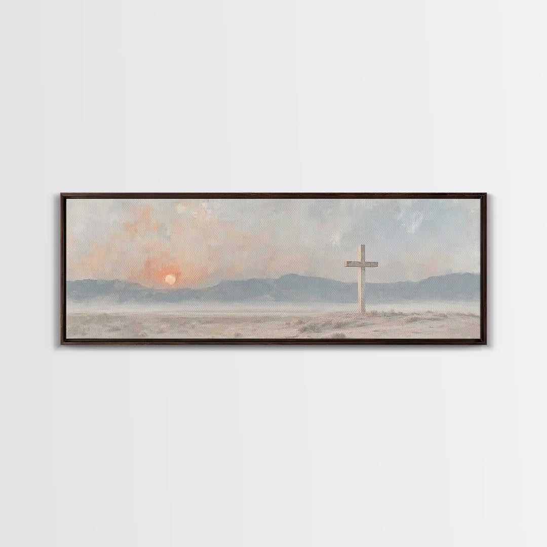 Quiet Cross Morning, Framed Canvas Print, Panoramic Painting, Christian Wall Art, Christian Art Canvas, Modern Christian Art, Christian Dec