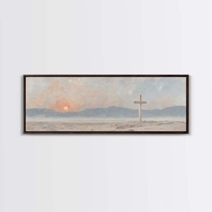 Quiet Cross Morning, Framed Canvas Print, Panoramic Painting, Christian Wall Art, Christian Art Canvas, Modern Christian Art, Christian Dec