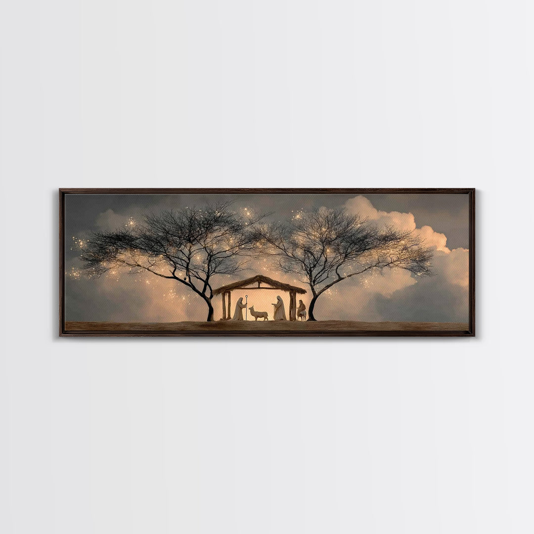 Evening Nativity Glow – Framed Canvas Print – Extra Wide Art – Christian Art – Christian Art Canvas – Christmas Wall Art – Jesus Christmas