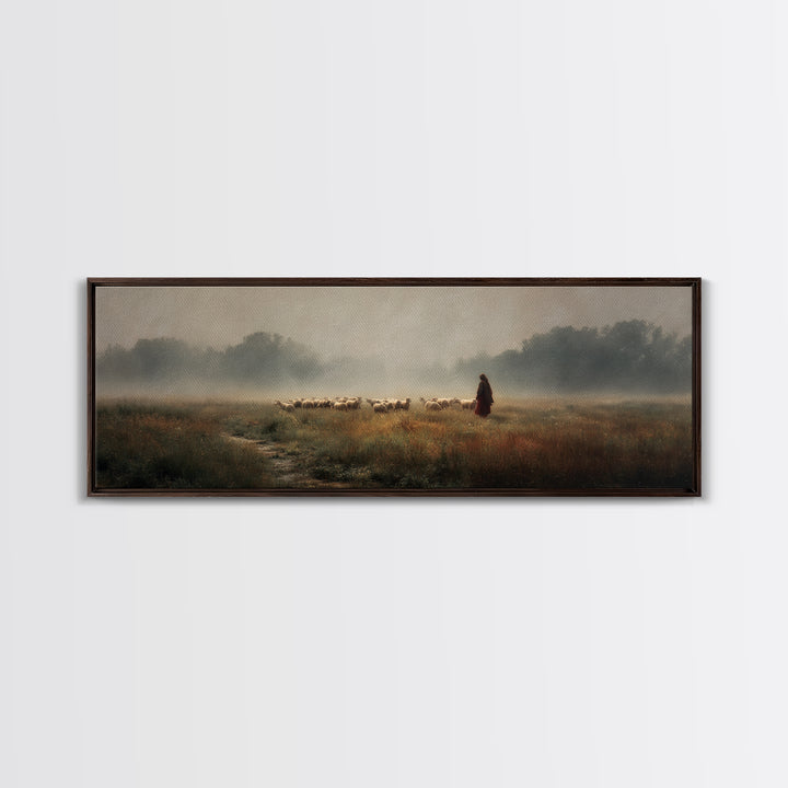 Misty Shepherd Field | Framed Canvas Print | Panoramic Painting | Christian Art Print | Christian Wall Art | Jesus Painting | Subtle Christ